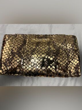 Michael Kors Metallic Gold Snakeskin Foldover Clutch (w/Detachable Strap)